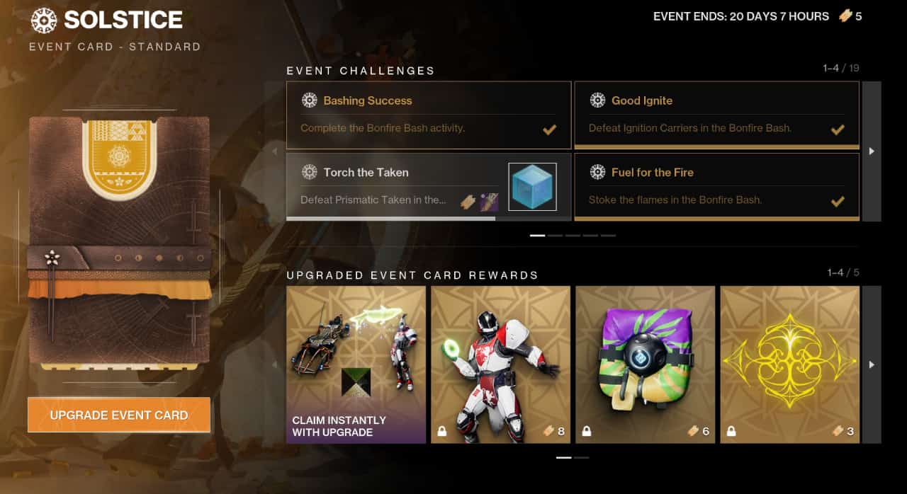 Destiny 2 Solstice 2023 end date: The Event Card screen, displaying prizes for tickets, the upgrade purchase option, and four of the challenges.