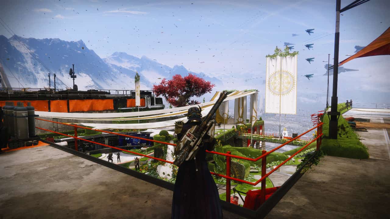 Destiny 2 Solstice 2023 end date: A warlock observes the festivities at the redecorated tower.