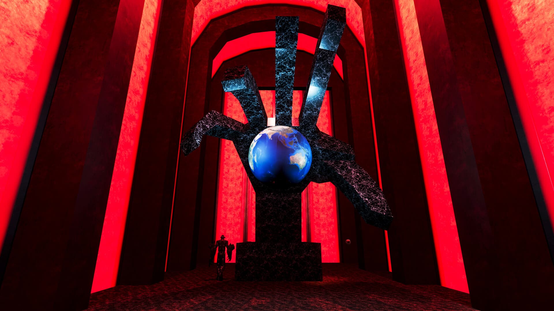 A large, dark hand sculpture holds a glowing Earth in a red-lit room in Deus Ex scene