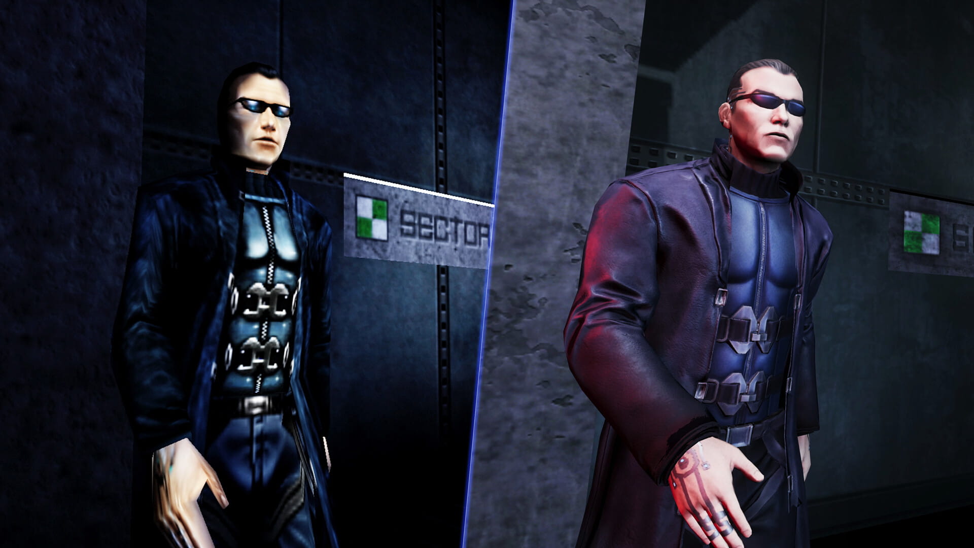 Split image of Deus Ex's character in dark sunglasses and a long coat, set in a dimly lit industrial setting