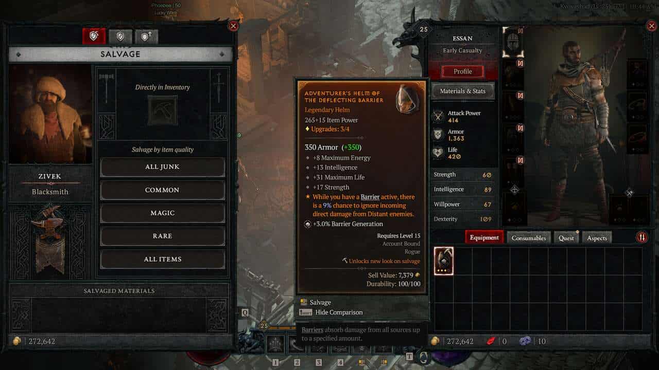 Diablo 4 Baleful Fragments: salvaging legendary gear at Blacksmith.