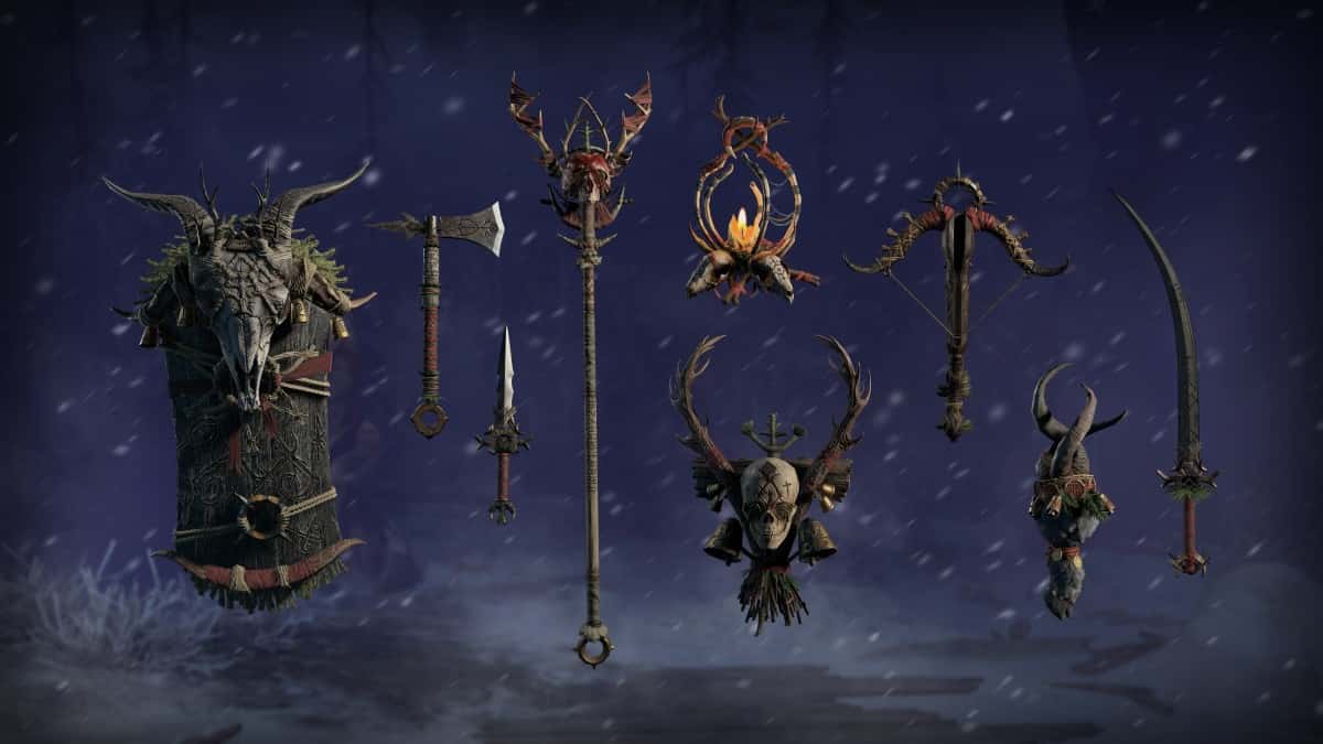 A collection of Diablo 4 themed weapons and cosmetics.