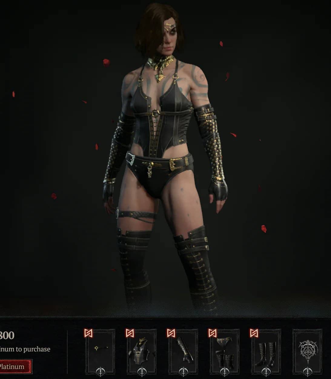 A screenshot of a provocative dominatrix outfit in Diablo 4 Season 2.