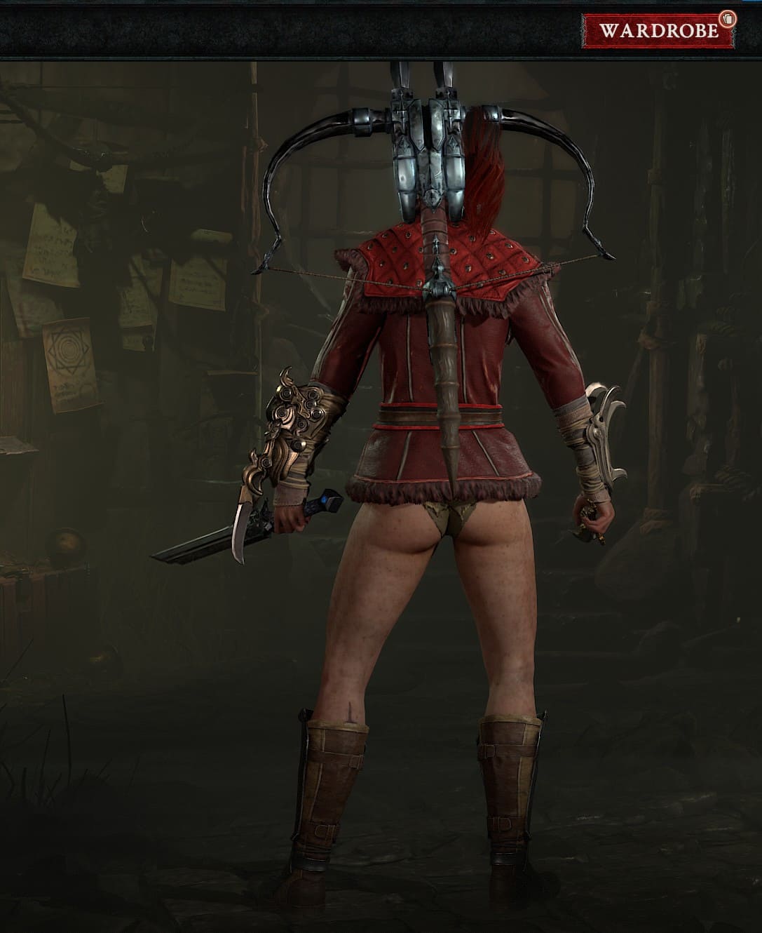 A woman wields a sword in a dark room, donning the intense and captivating Diablo 4 Season 2 outfit.