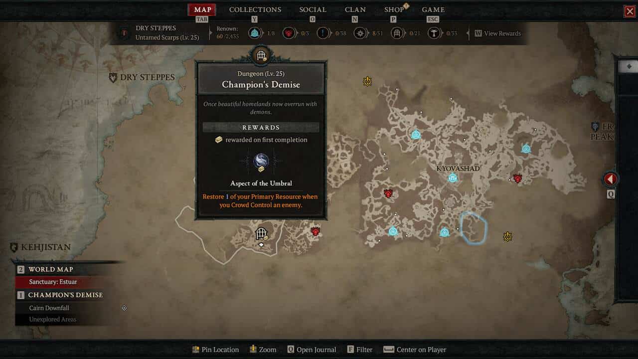 Best dungeons to farm in Diablo 4: Champion's Demise dungeon on map.