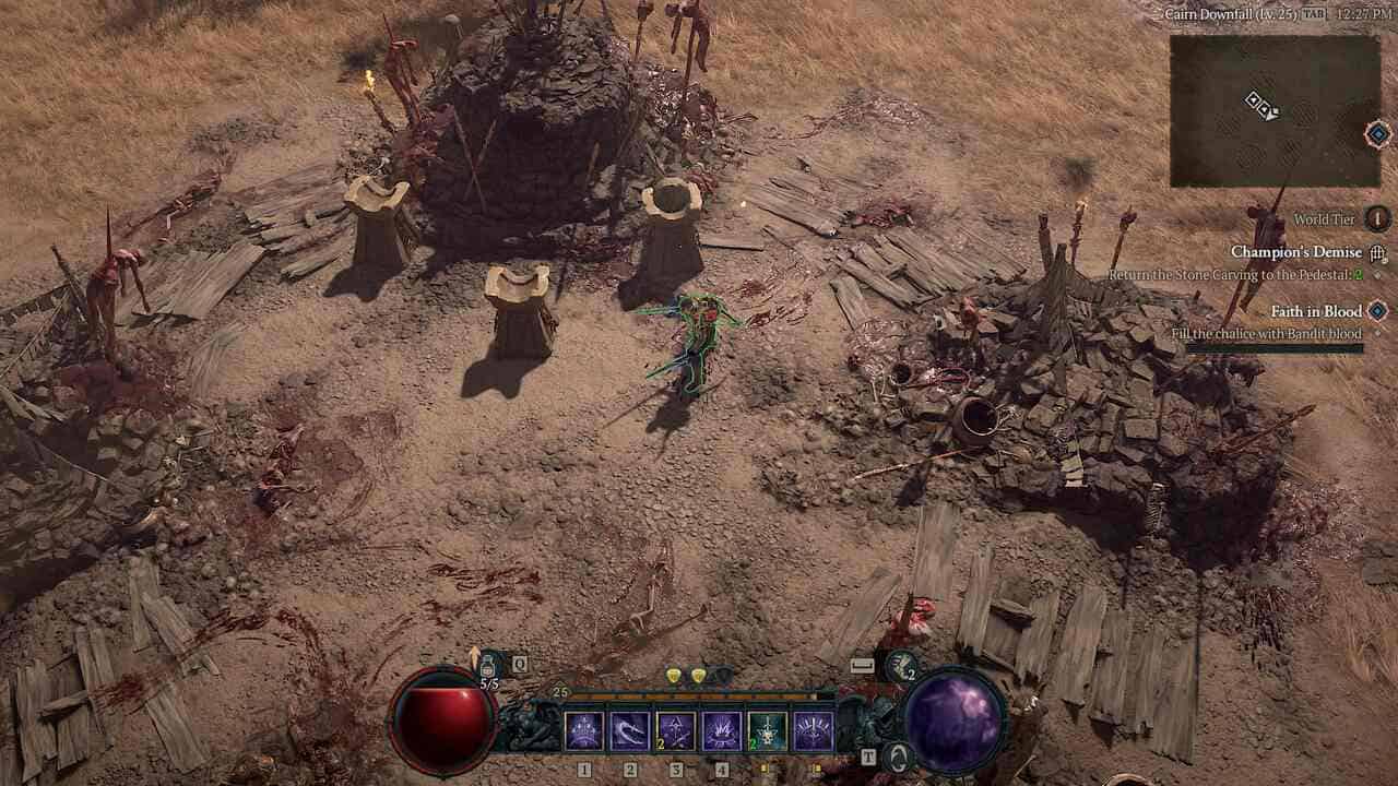 Diablo 4 Champion's Demise dungeon: character standing by pedestals.
