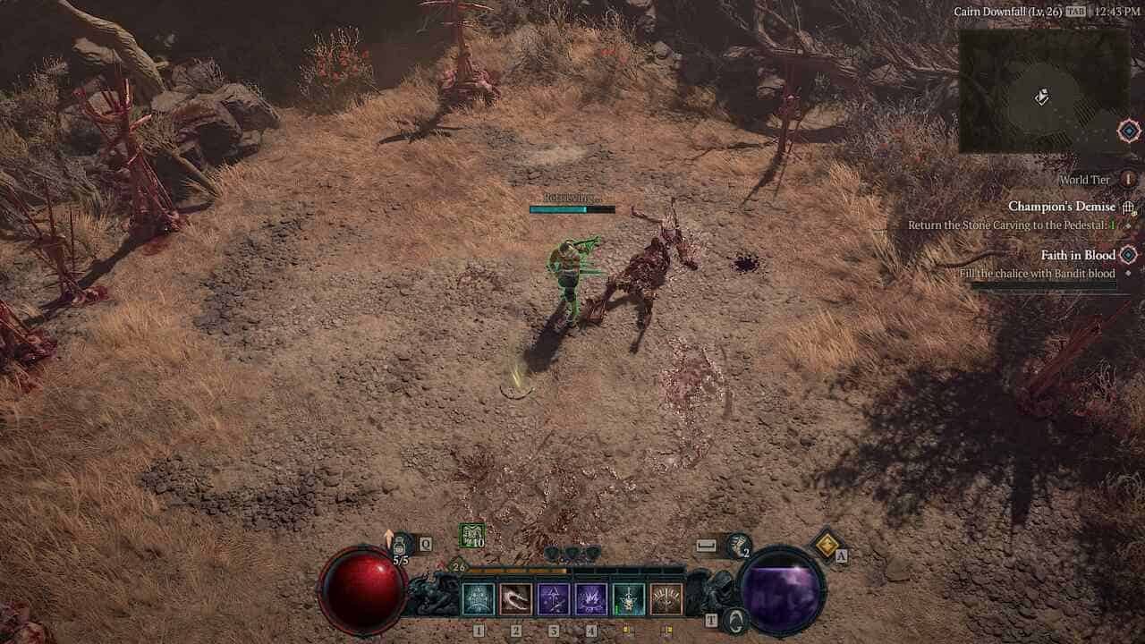 Diablo 4 Champion's Demise dungeon: character picking up Stone Carving.