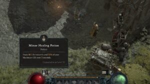 Diablo 4 crushed beast bones: A player checks their minor healing potions which can be upgraded by an alchemist with crushed beast bones.