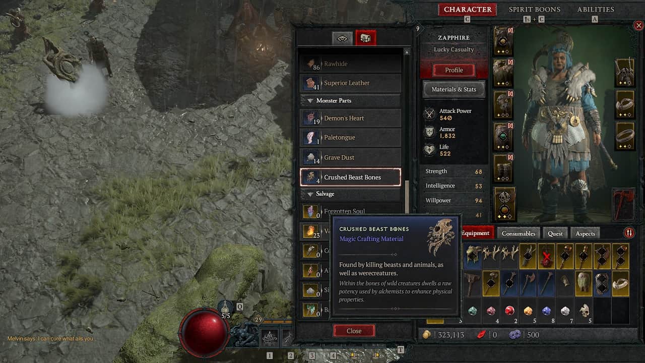 Diablo 4 crushed beast bones: A player checks their inventory with the crushed beast bones item highlighted.