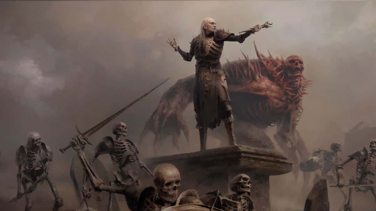 Diablo 4 Death Harnessed Theories of Rathma: An image of a necromancer summoning skeletal warriors and a skeletal golem.