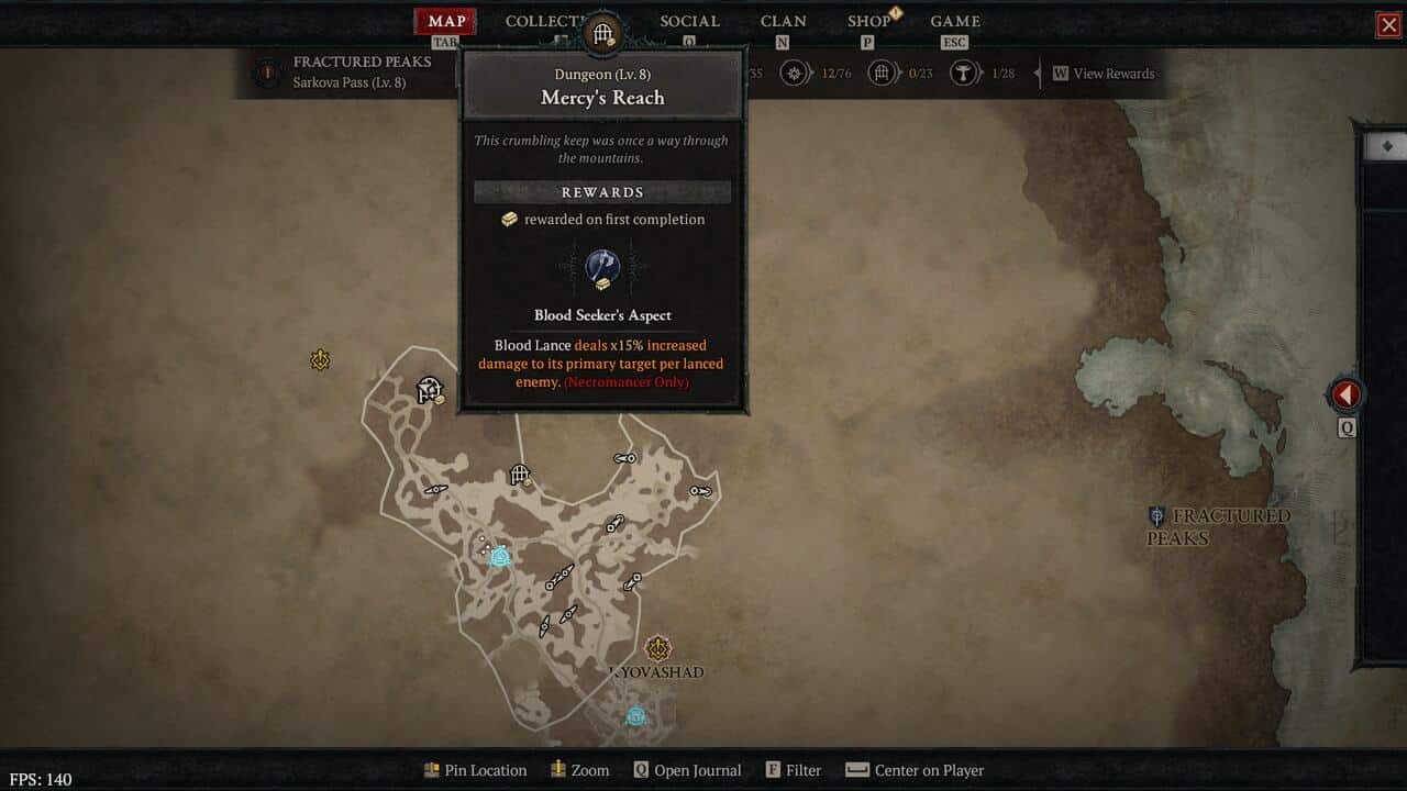 Best dungeons to farm in Diablo 4: Mercy Reach dungeon on map.