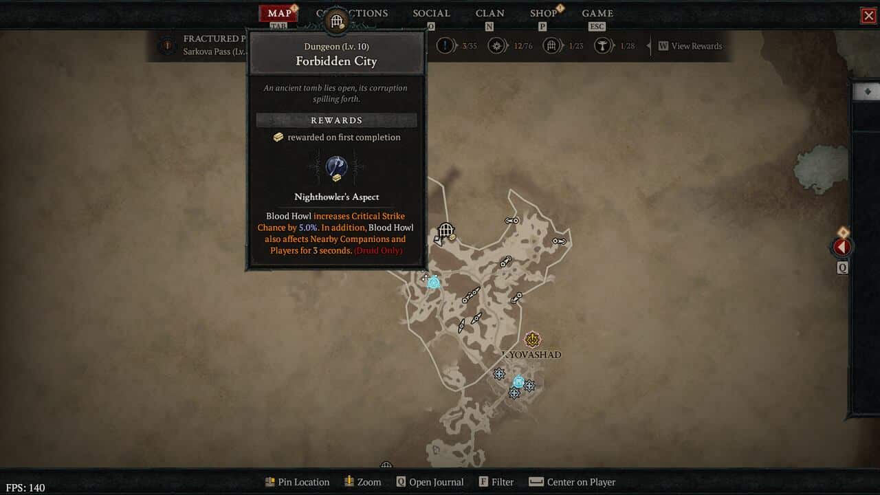 Best dungeons to farm in Diablo 4: Forbidden City dungeon on map.