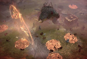 How to get Murmuring Obols, Whispering Keys, and open Silent Chests in Diablo 4: A party fights a horned monster with fire magic on a blood-soaked battlefield.