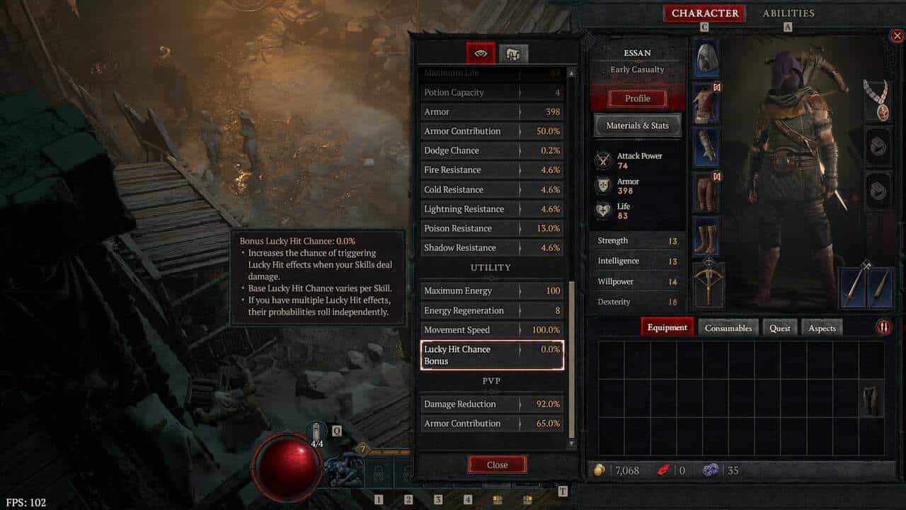 Diablo 4 lucky hit: lucky hit chance in character stat menu.