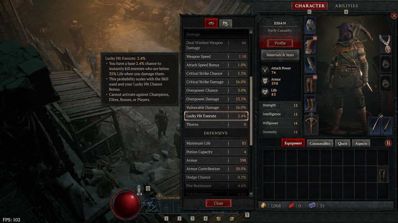 Diablo 4 lucky hit: lucky hit execute in character stat menu.