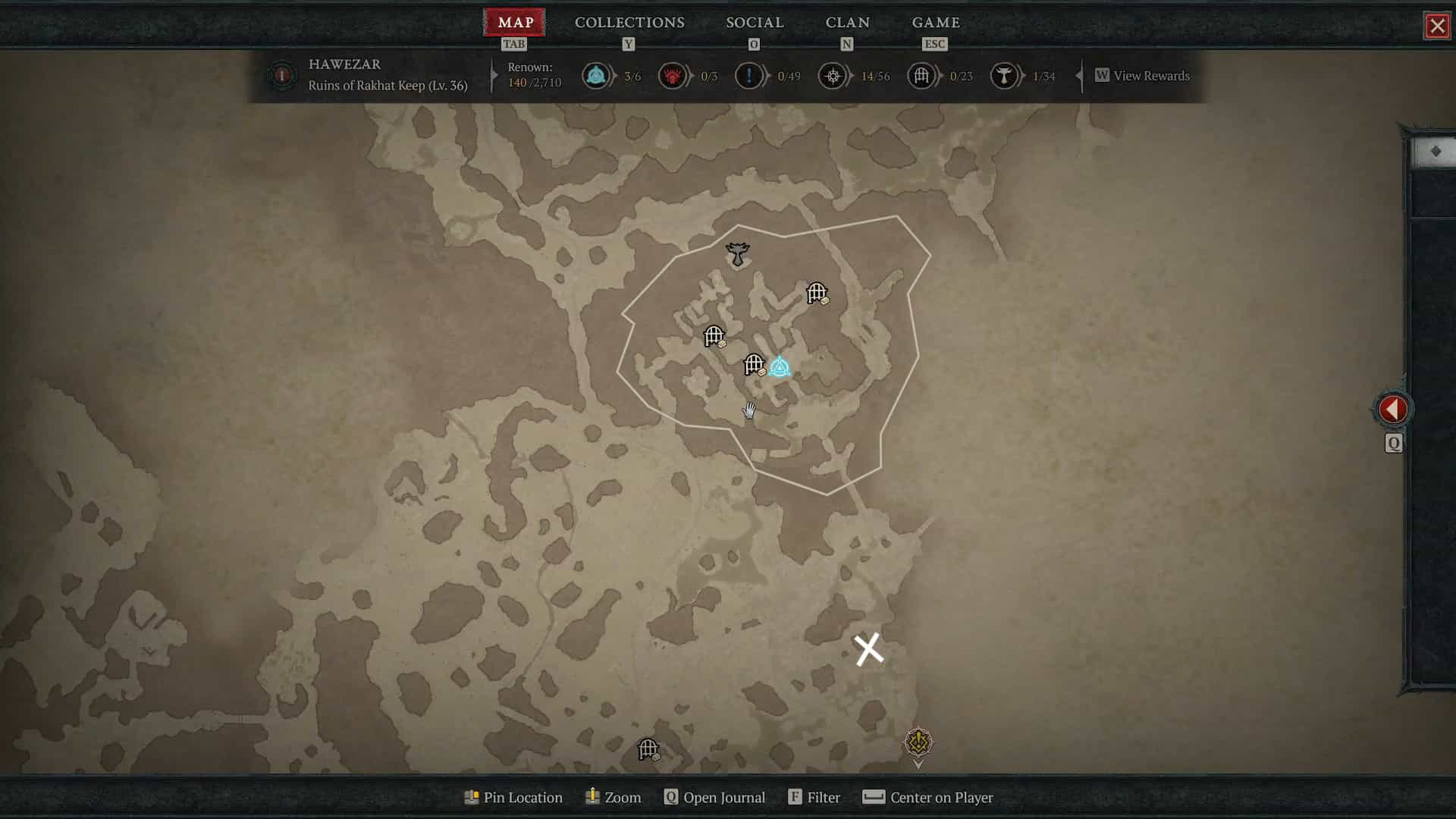 Diablo 4 Silent Chest locations: An image of a map with the marked location of a Silent Chest in the Hawezar region.