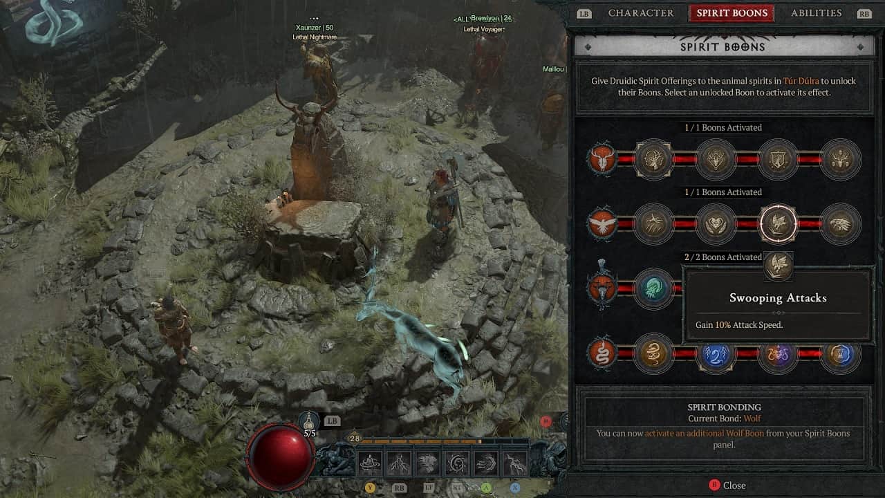 Diablo 4 Spirit Boons: The player stood by a statue with the Spirit Boons menu open and the Swooping Attacks boon highlighted.