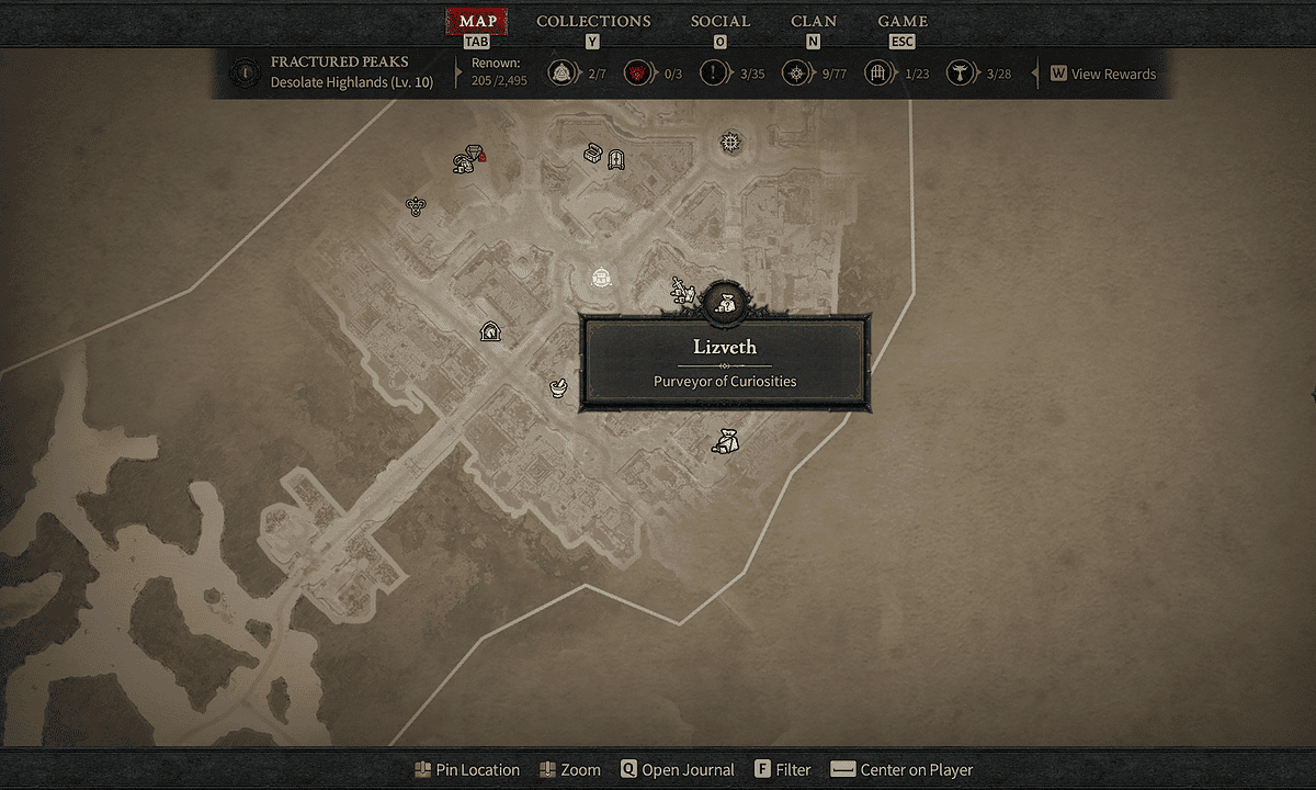 Location of the supplier of curiosities on the map in Diablo 4