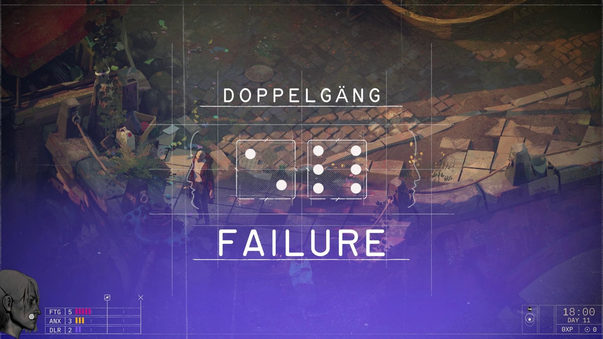 Failed Doppelgäng skill check in Zero Parades For Dead Spies showing dice outcome on screen