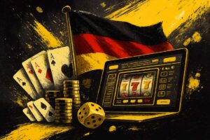 Laptop mit Slots im Bildschrim, Casinochips, Würfeln und Deutschlandflagge