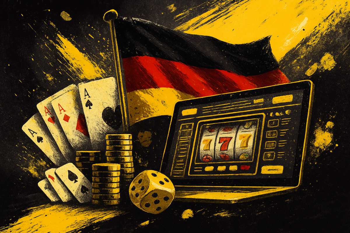 Laptop mit Slots im Bildschrim, Casinochips, Würfeln und Deutschlandflagge