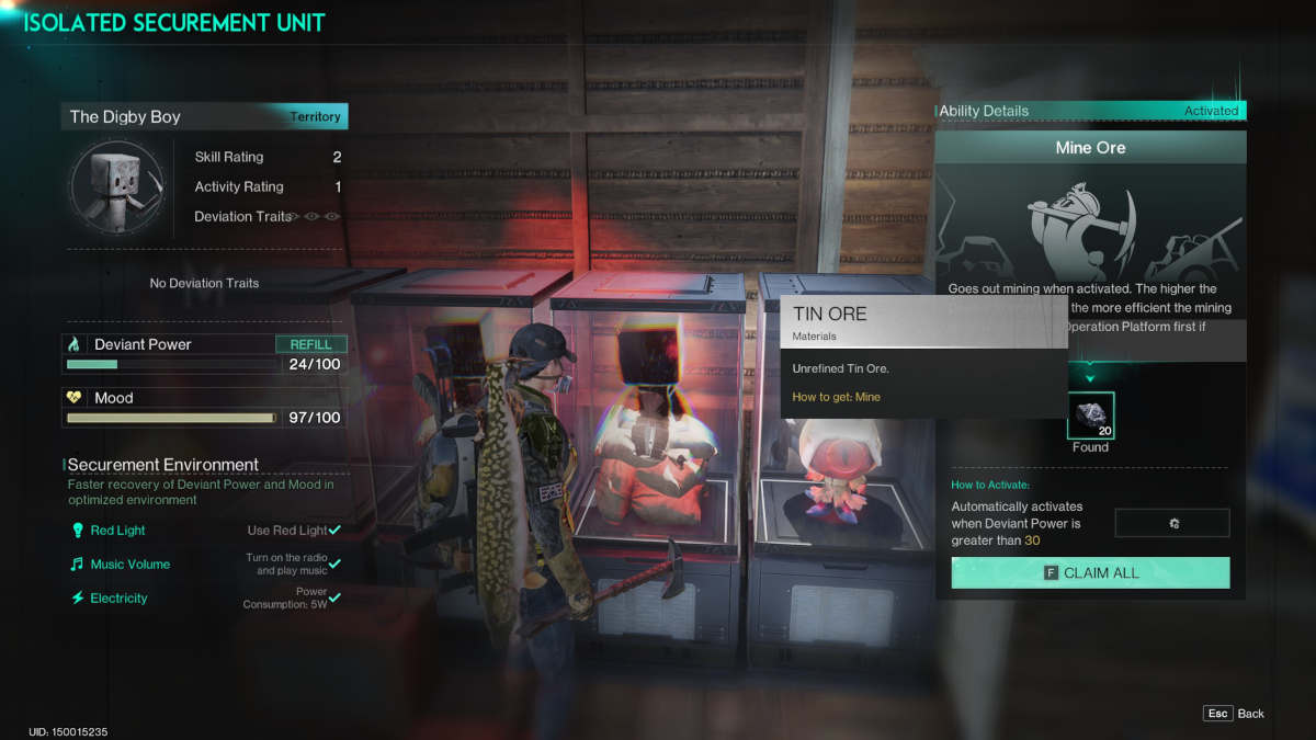 Digby Boy Once Human: A picture of a Digby on its chamber, showing its mood stats, power levels, and the minerals it has mined waiting to be collected.