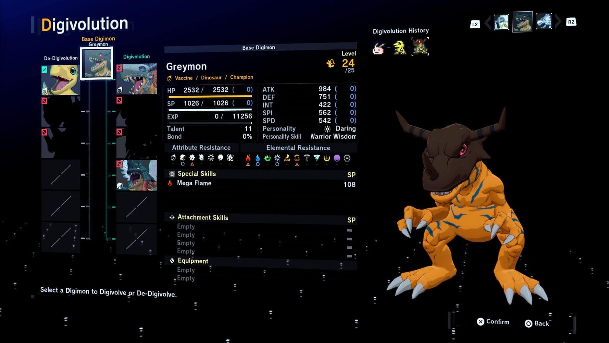 Digimon Story Time Stranger shows the Digivolution menu with Greymon’s stats