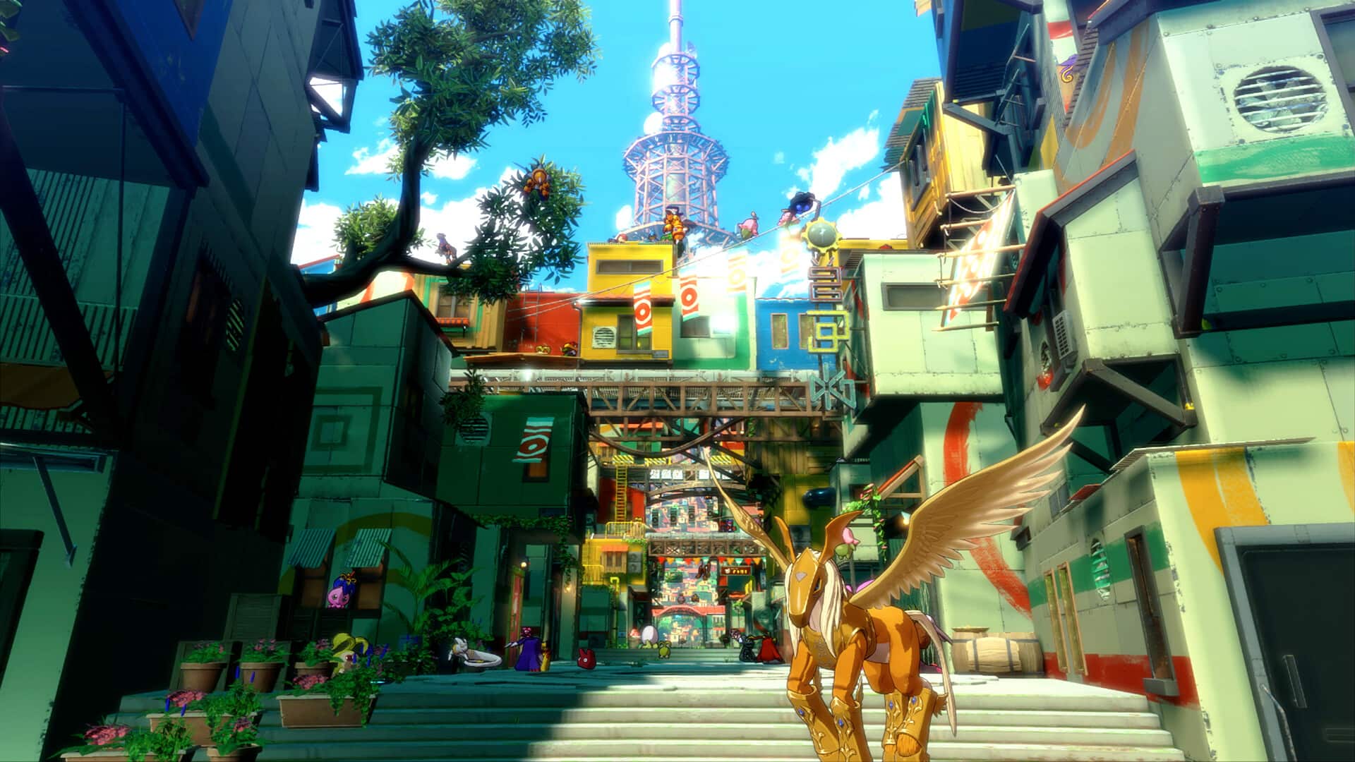 Digimon Story Time Stranger – Iliad megacity with radio tower and Pegasusmon