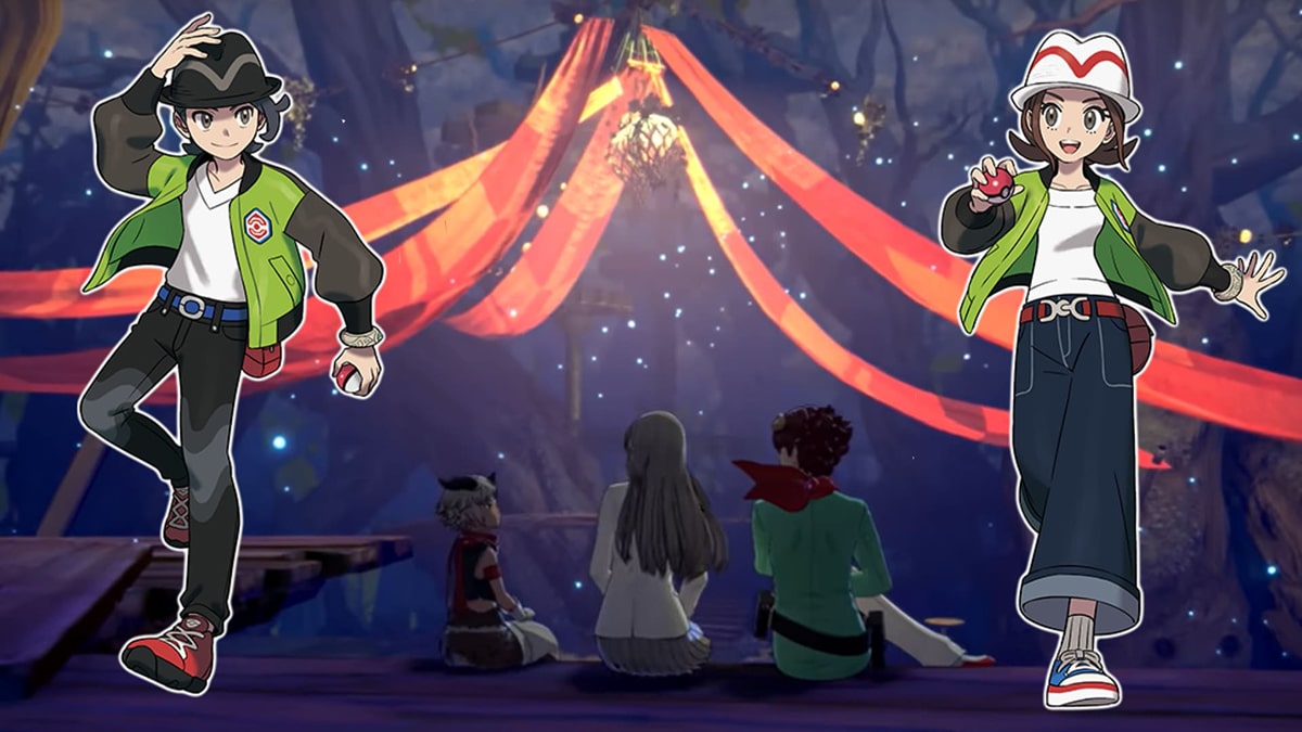 Male and female trainers from Pokémon Legends Z-A are shown beside characters sitting beneath glowing red ribbons, comparing the emotional tone of Digimon Story Time Stranger and Pokémon Legends Z-A.