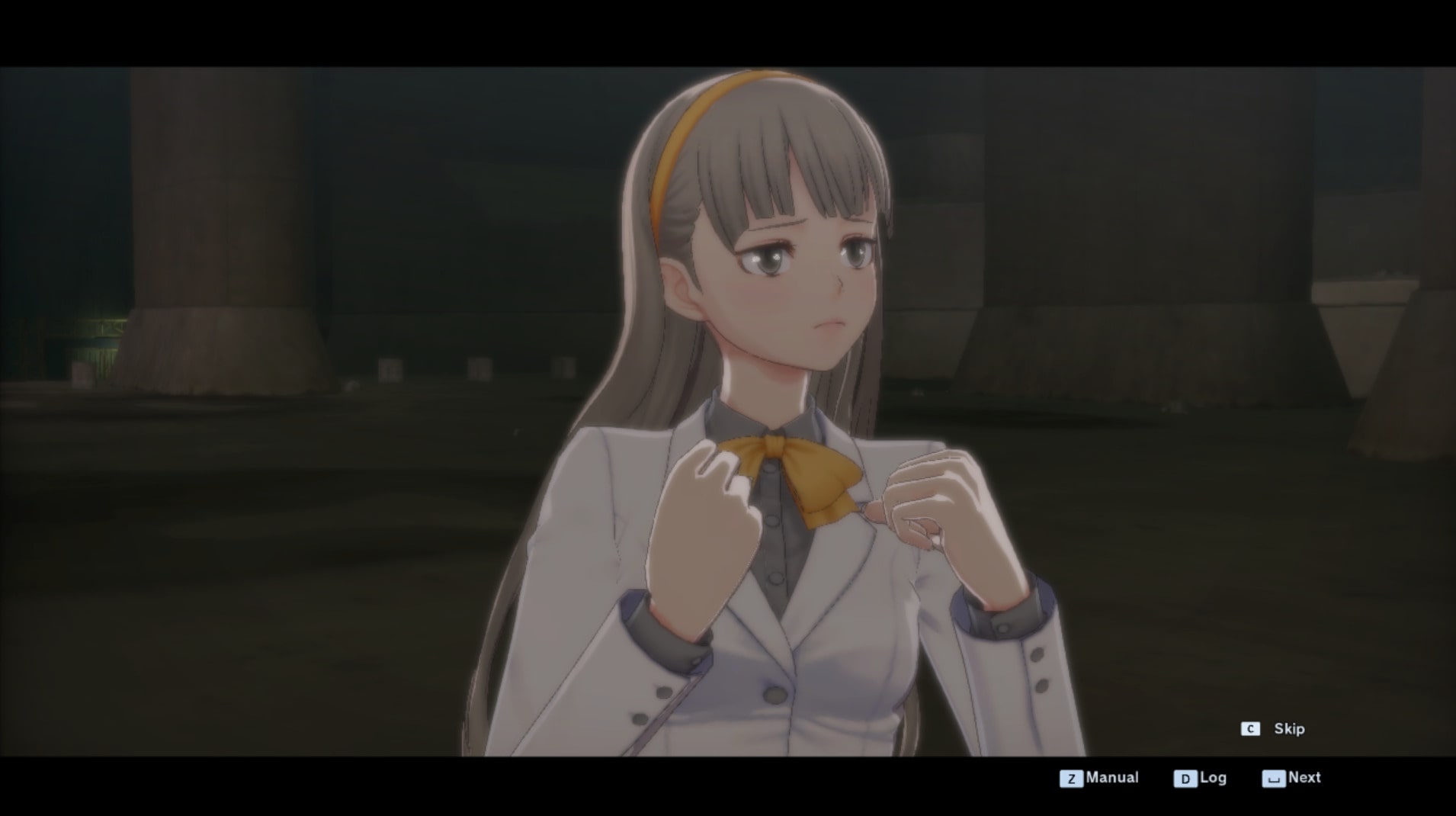 A young girl in a white uniform with a yellow bow looks anxious during a cutscene in Digimon Story Time Stranger, standing in a dimly lit underground area.