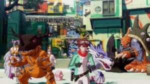 A group of Digimon and their tamer in the Iliad city in Digimon Story Time Stranger