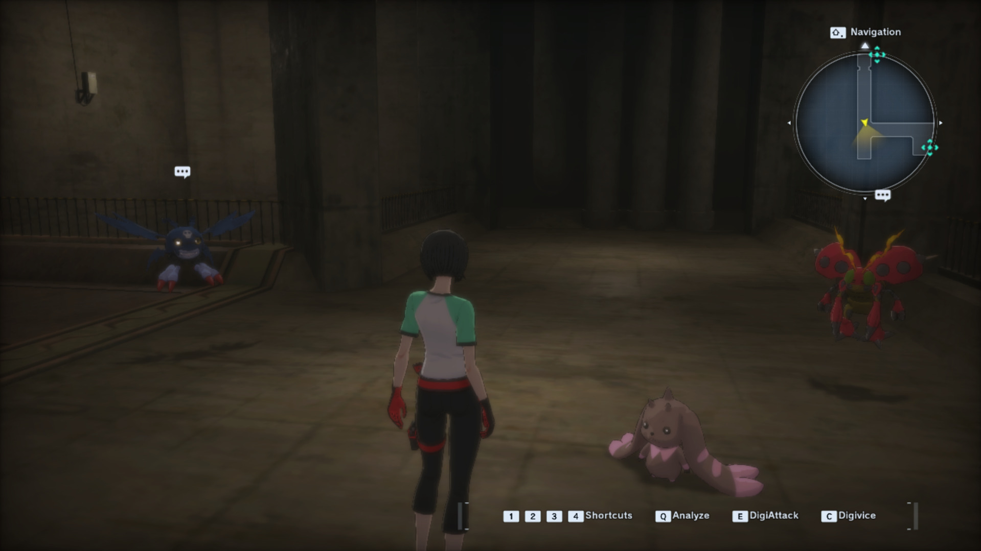 A video game Digimon Story Time Stranger scene shows a character standing in a dimly lit underground area, flanked by two creatures. A map and interface options appear on-screen