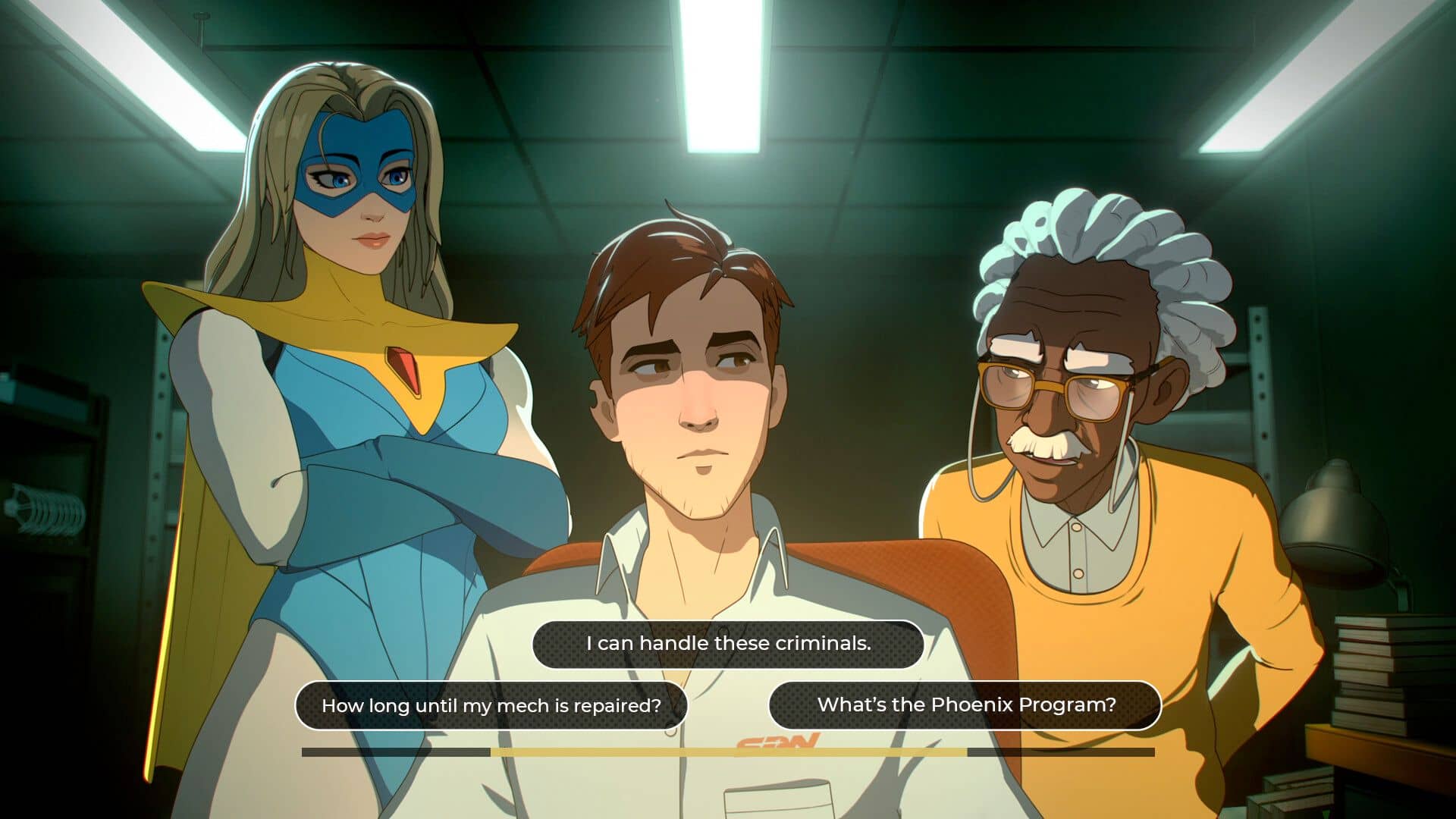 A dialogue scene from Dispatch showing the main character sitting between two allies — a superhero woman in blue and yellow and an older scientist