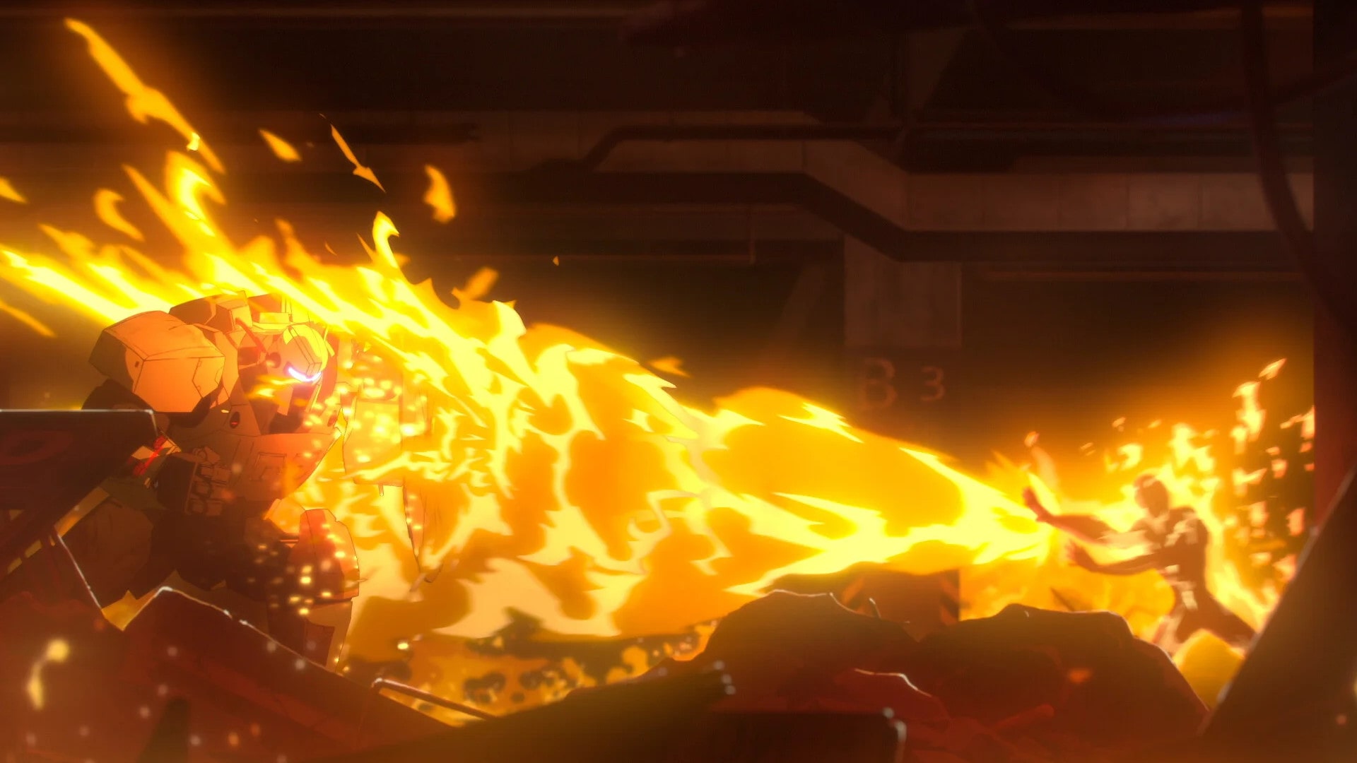 An intense battle scene from Dispatch showing a mech engulfed in flames as a fiery attack is unleashed by an opponent in a dimly lit industrial environment