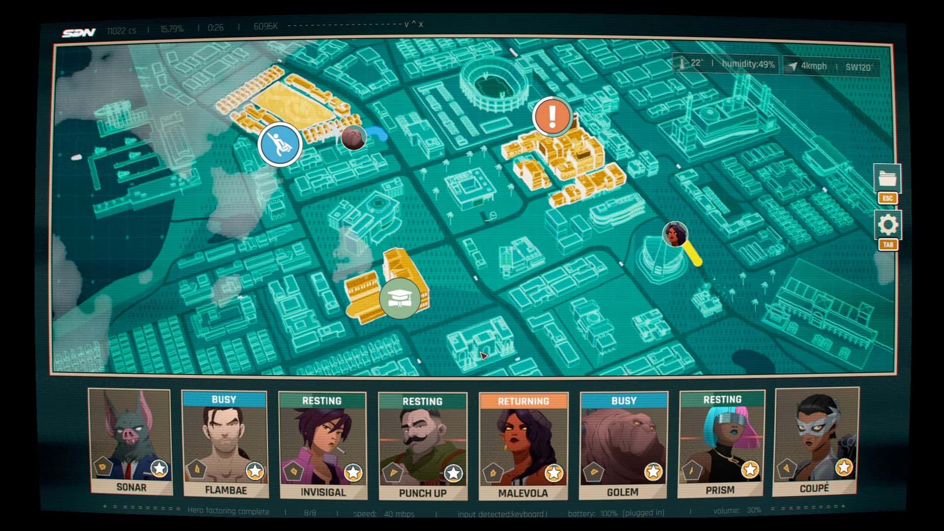 The in-game mission map from Dispatch showing a city overview with hero icons, alerts, and character statuses