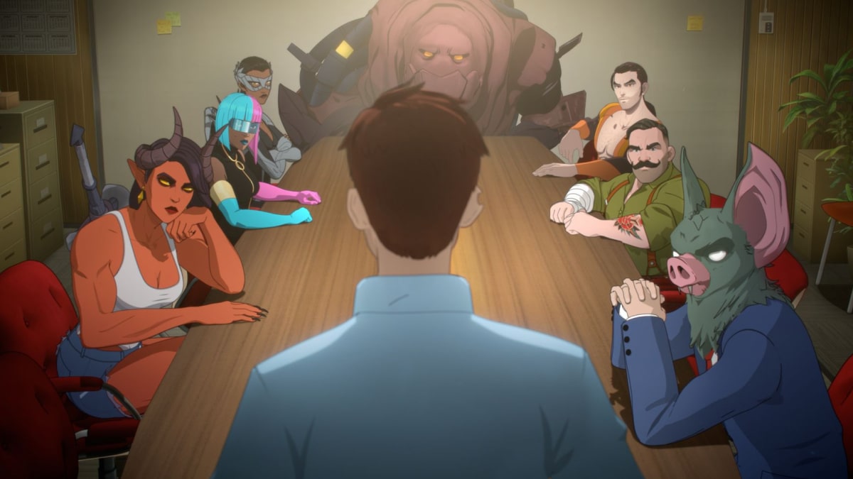 A group of heroes with unique appearances, including a demon woman, a masked fighter, and a creature in a suit, sit around a conference table in Dispatch as the main character faces them from the front