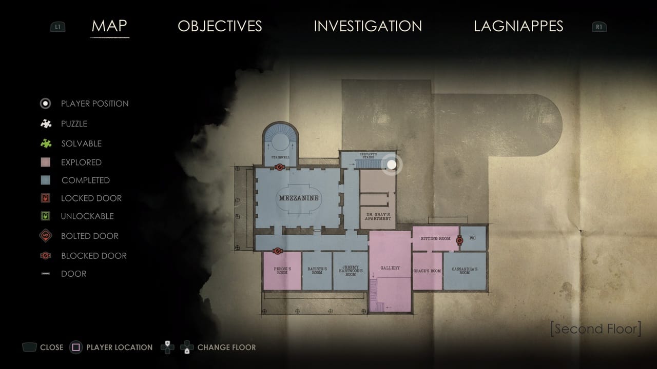 A digital map screen from the video game "Alone in the Dark: Lagniappe" displaying various rooms, player position, and points of interest such as puzzles and locked doors.