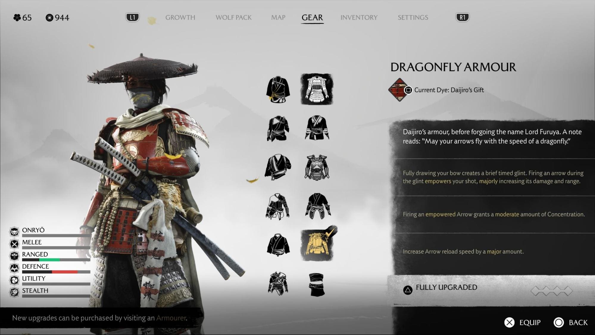 Fully upgraded Dragonfly Armor boosting ranged attacks in Ghost of Yotei