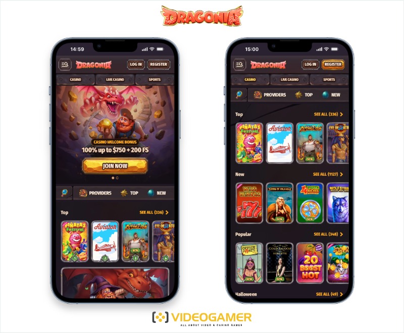 Mobile view of the Dragonia site as a top instant withdrawal casino