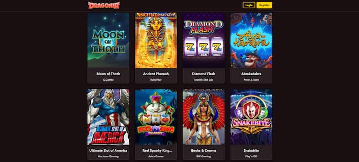 The Dragonia casino game lobby, showcasing eight of their most popular slot games.