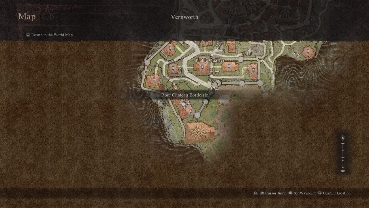 Dragon's Dogma 2 Platinum Myrmecoleon Card: Map showing the location of the brothel in Vernworth