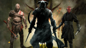Three figures from popular media franchises: a muscular, bearded warrior part of an iconic Skyrim meme; a dark-armored figure with a horned helmet; and a red-faced character wielding a lightsaber