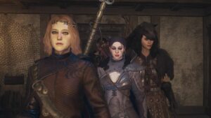 Dragon's Dogma 2 character creation Settings: Custom character standing in Vernworth inn with three custom pawns