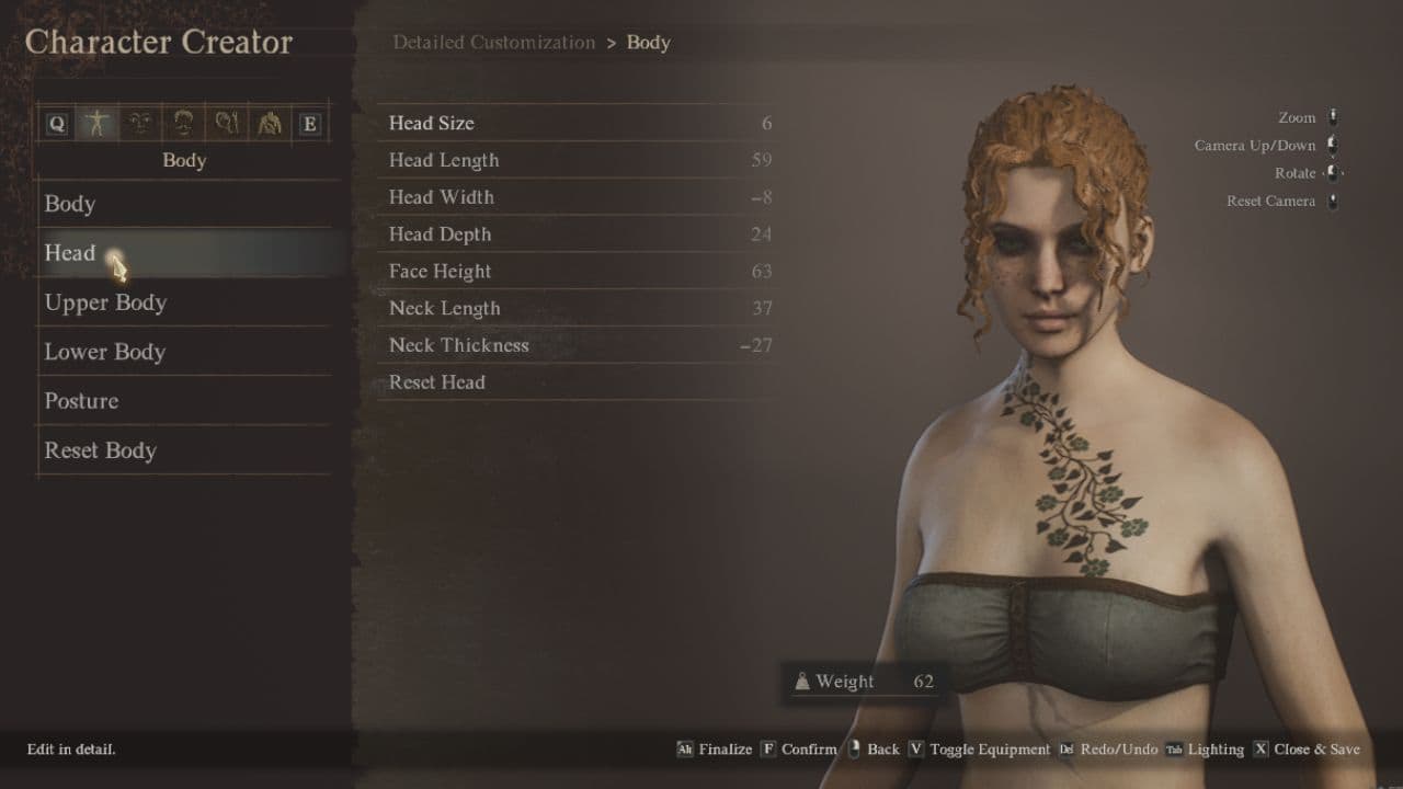 Dragon's Dogma 2 character creation settings: Character creation head options menu player selecting head features