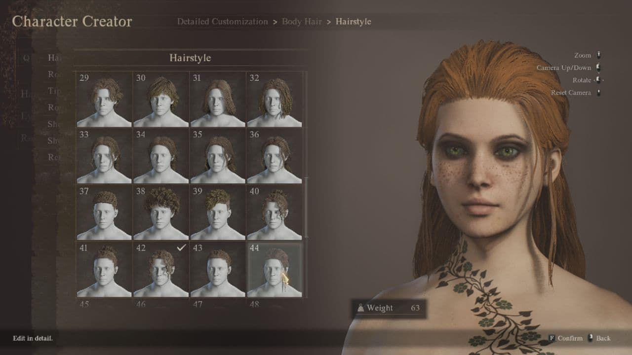 Dragon's Dogma 2 character creation settings: Character creation menu hairstyle selection screen