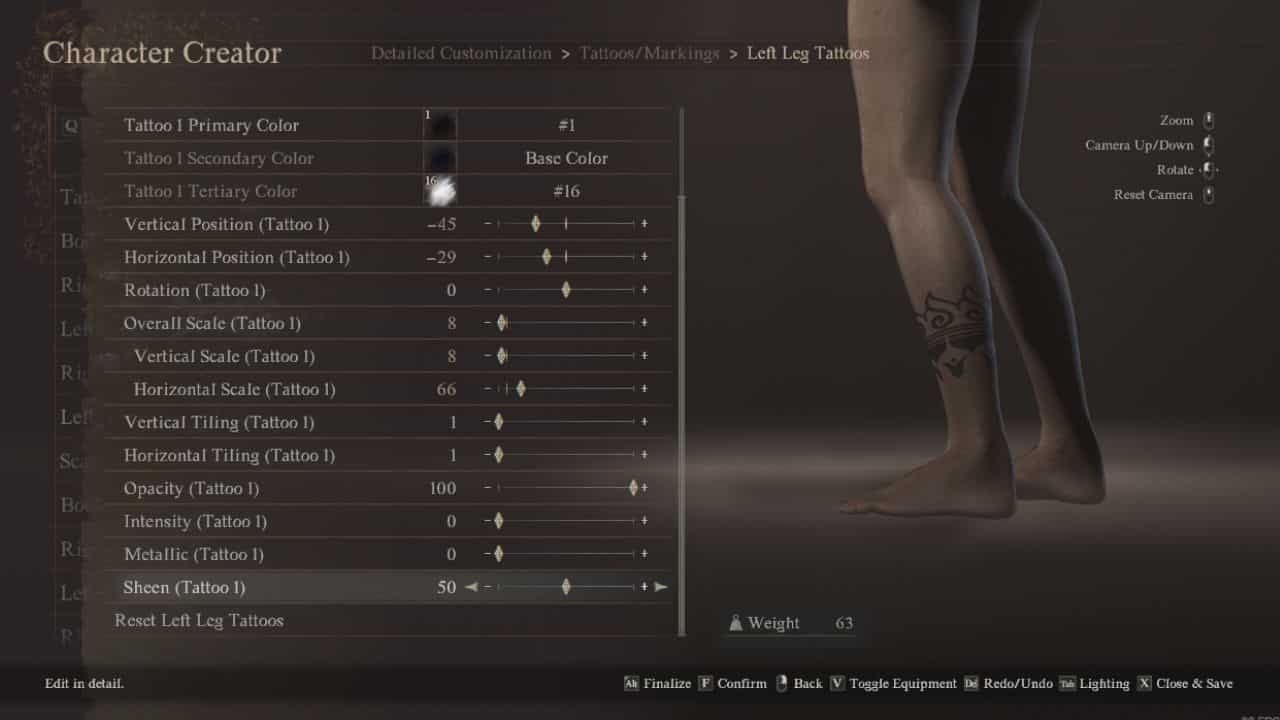Dragon's Dogma 2 character creation settings: Player adjusting tattoo on character's leg in Character creation settings