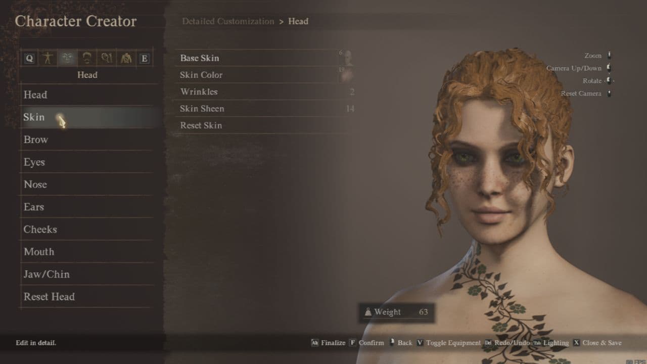 Dragon's Dogma 2 character creation settings: Player choosing character skin options in the character creation menu