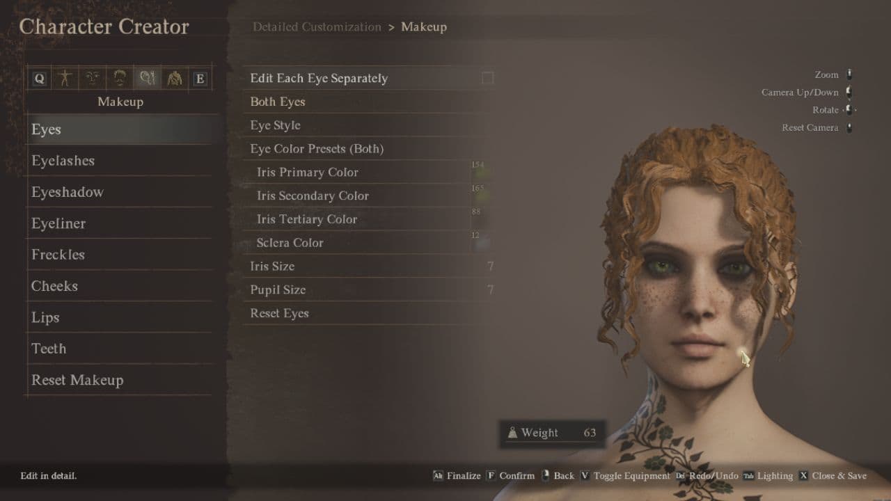 Dragon's Dogma 2 character creation settings: Player selecting eye settings in the character creation menu