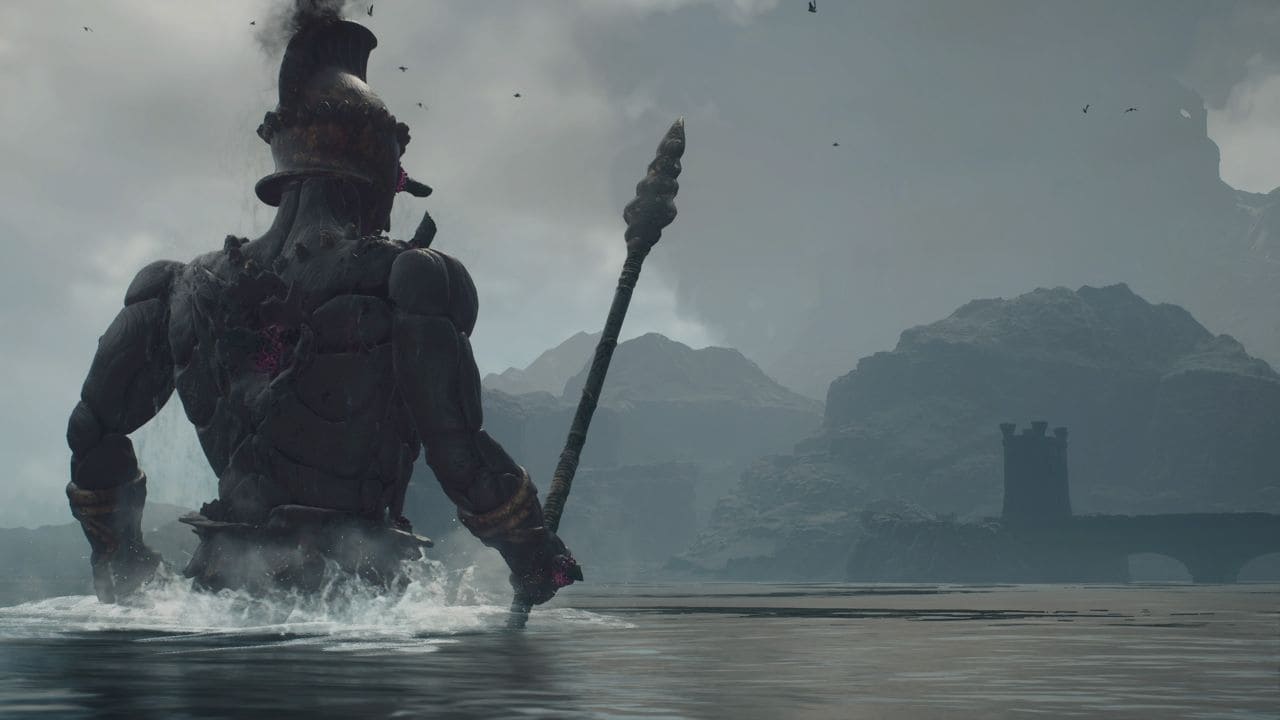 Dragons-Dogma-2-Colossus: Gigantus walking through water to Volcanic Island camp