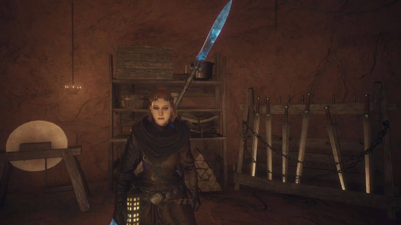 Dragon's Dogma 2 Unlock Dwarven Smithing: Player Standing in Brokkr's home near weapons and grinder.